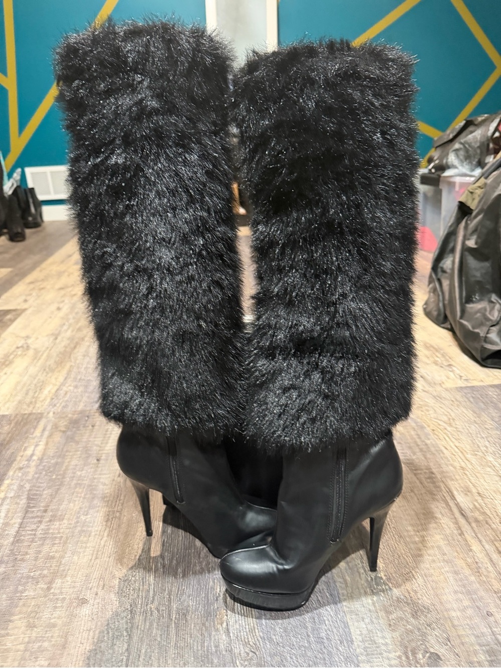 Colin Stuart Black Faux Fur Knee-High Platform Stiletto Boots